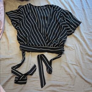 Love Tree Black and White Striped Wrap Blouse